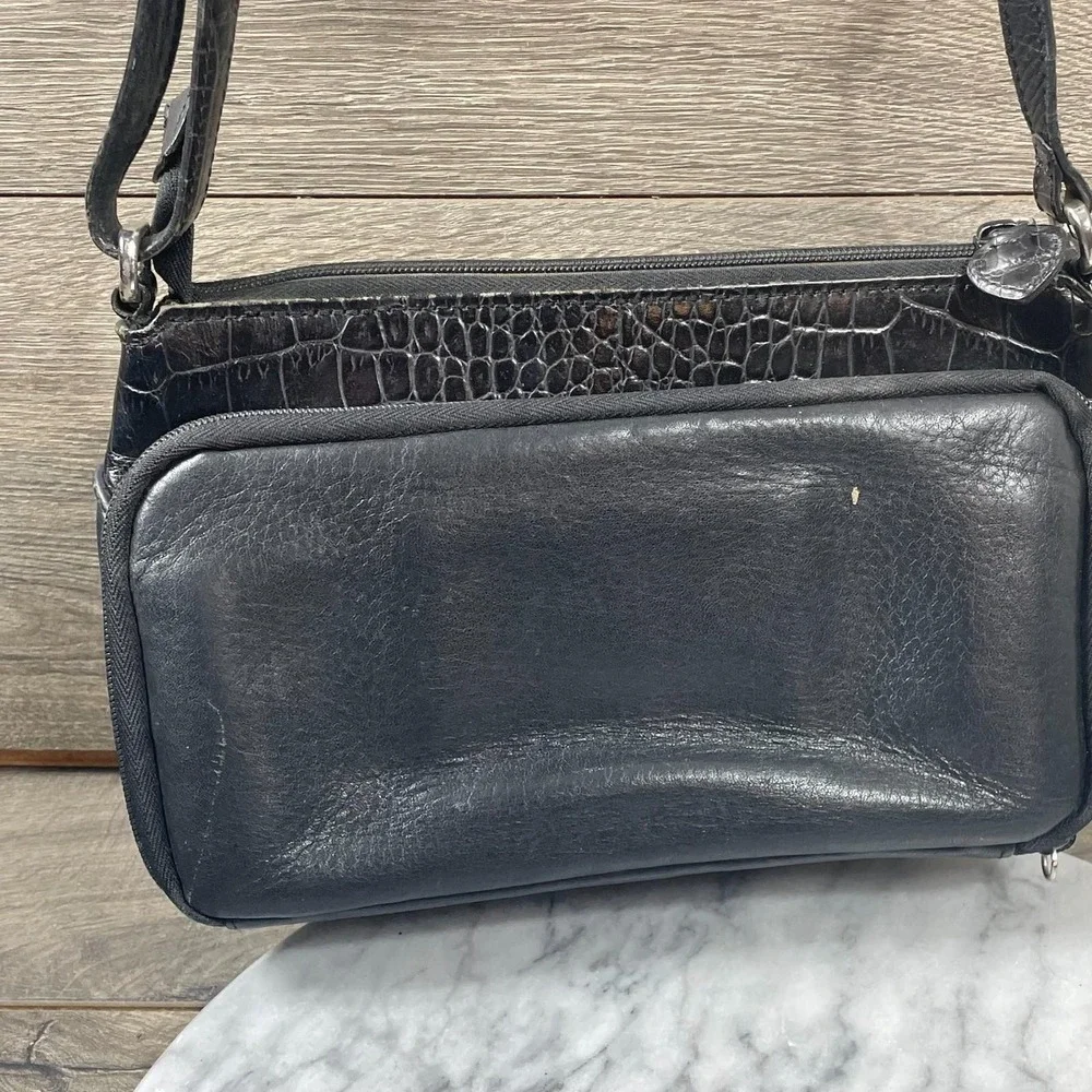 VTG Brighton Shoulder Bag Black Leather Croc Pockets Adjustable Retro Purse Y2K - Picture 7 of 16